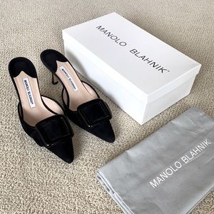 Manolo Blahnik Maysale Buckled Black Suede Mules Size 7